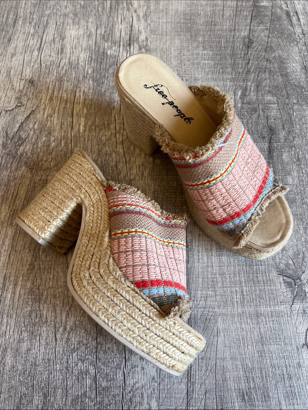 Free People Bree Woven Platform Sandals Pink Striped Boho Espadrille Mules